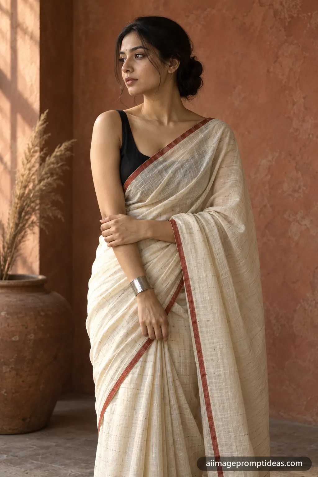 Indian woman in an off-white khadi saree in a minimal terracotta studio, AI generated