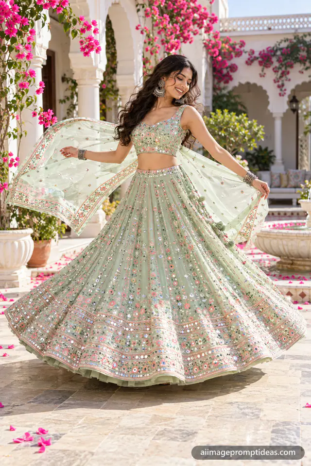 Woman twirling in a pastel mint mirror work lehenga in a sunlit white courtyard, AI generated