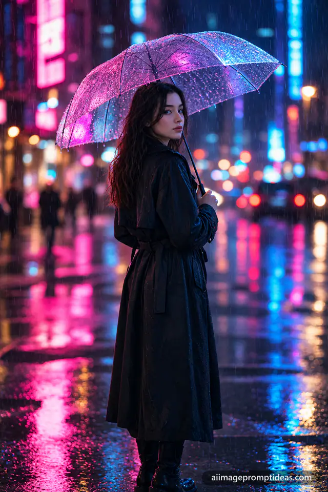 Woman in a black trench coat with a clear umbrella on a rainy street glowing with pink and blue neon, AI generated