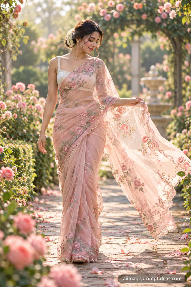 Indian woman in a blush organza saree walking in a rose garden, AI generated