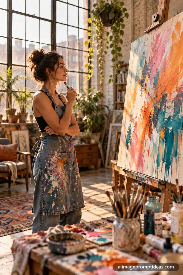 Woman artist in a denim apron painting a large colorful abstract canvas in a sunlit studio, AI generated