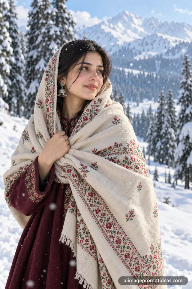 Woman wrapped in an embroidered pashmina shawl standing in snowy Gulmarg with pine trees, AI generated