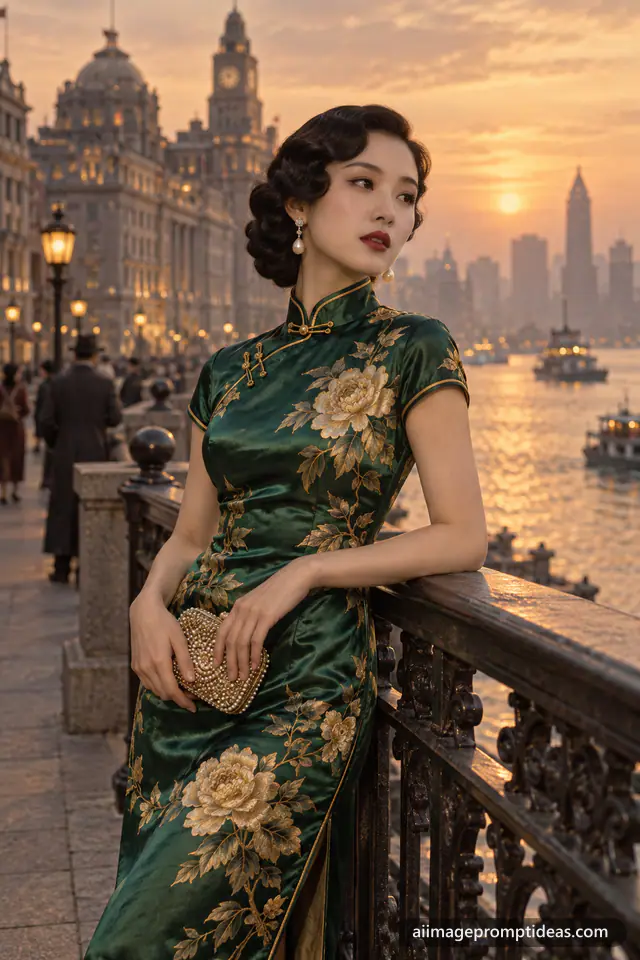 Woman in an emerald embroidered qipao on the Shanghai Bund at dusk, AI generated