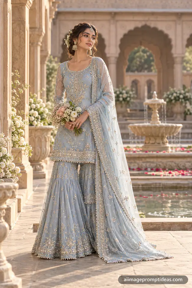 Woman in a pastel blue embroidered sharara suit in a Mughal courtyard with arches, AI generated