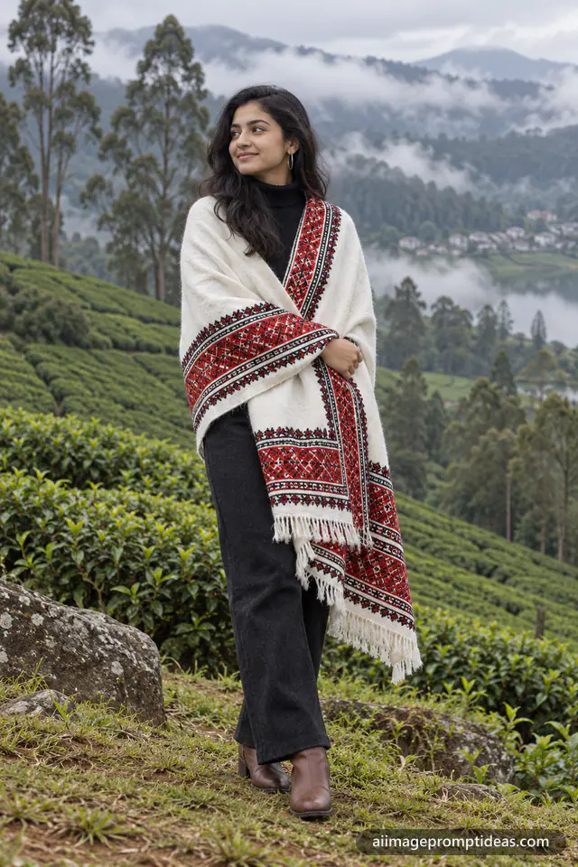 Woman in a red and black Toda embroidered shawl on a misty Ooty hillside, AI generated