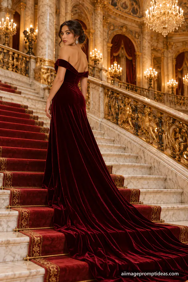 Woman in a burgundy velvet gown on a marble opera house staircase, AI generated