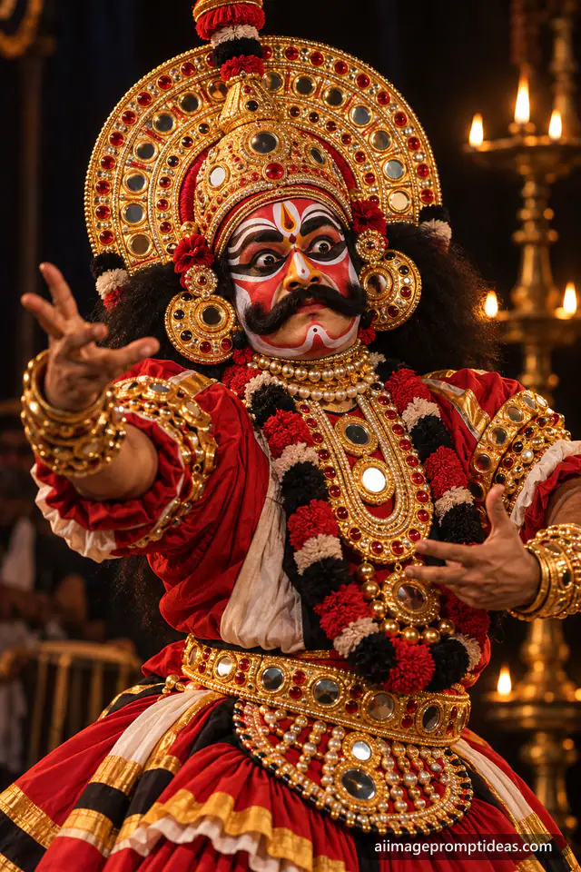 Yakshagana performer in a huge golden crown with bold face paint on a dark stage, AI generated