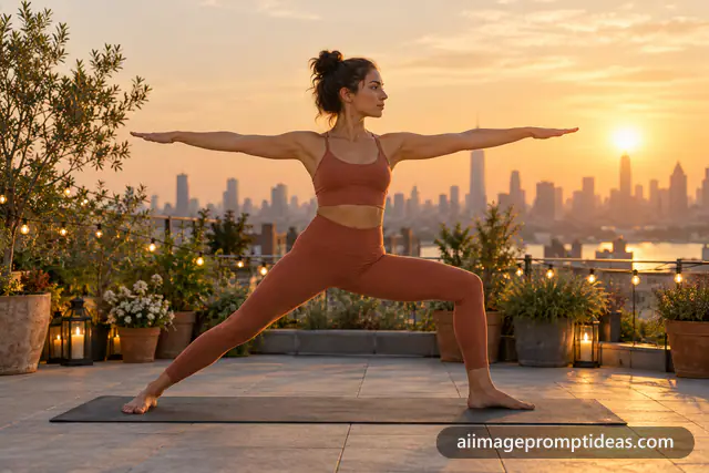 Woman in a warrior pose on a city rooftop yoga mat at sunrise with golden light, AI generated