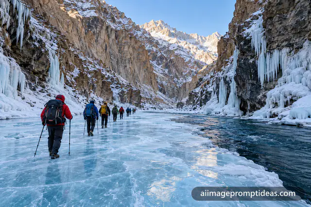 Line of trekkers walking on the frozen Zanskar river between towering canyon walls, AI generated