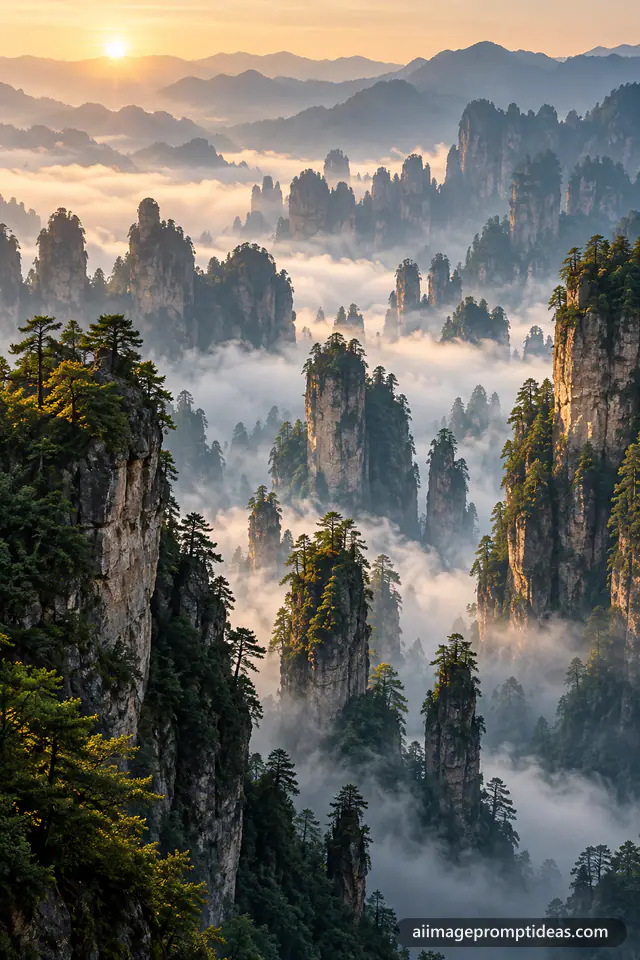 Sandstone pillar mountains of Zhangjiajie rising through morning mist, AI generated